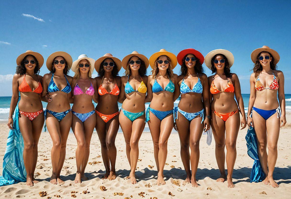 A diverse group of confident women of various body types showcasing stylish bikinis on a sunlit beach. Each woman poses uniquely, highlighting her bikini choice with flowing sarongs and sunglasses, surrounded by beach accessories like colorful towels and hats. The scene captures a vibrant summer atmosphere with clear blue skies and gentle waves in the background. super-realistic. vibrant colors. sunny beach setting.